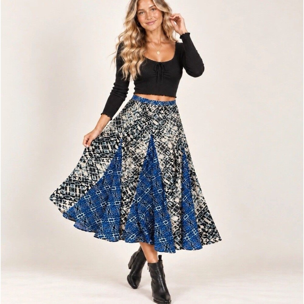 Free People Skirt Large NWT Blue Ivory Printed Boho Flowy Midi Elastic Waist